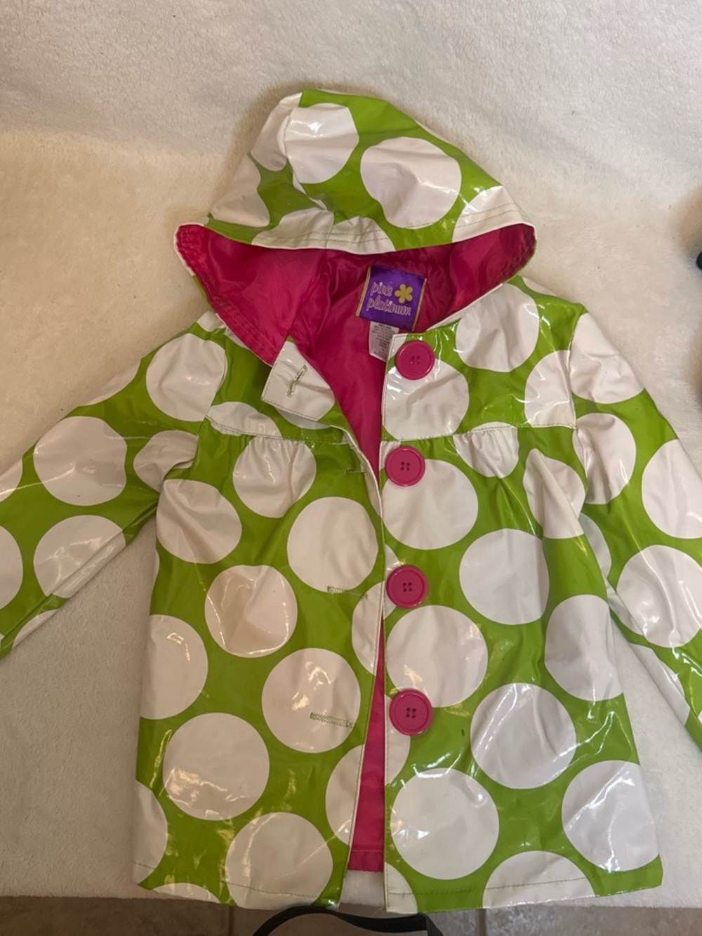Pink Platinum Lime Green & White Polka Dot Hooded Raincoat with Pink Lining